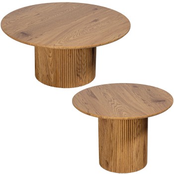 Set 2 Wooden Coffee Tables Oak Colour Ø80x36+ø60x42cm Mdf+paper