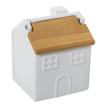 Salero Ceramica Blanco C/tapamadera Bambu 12x11x15cm