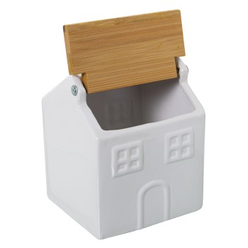 Salero Ceramica Blanco C/tapamadera Bambu 12x11x15cm