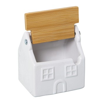 Azucarero Cerámica Blanco C/tapa Madera Bambú 10x8x11cm
