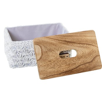 Set 3 Cajas Almacenamiento Tela Blanca C/tapa Madera 35x26x21+31x21x16+25x15x12cm