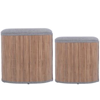 Set 2 Pufs Almacenamiento Bambú C/tapa Gris Oscuro Acolchada 44x35x43+40x30x36cm