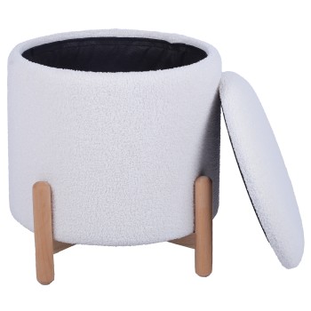 Puf Almacenamiento Tapizado Blanco C/patas Madera Natural Ø41x40cm