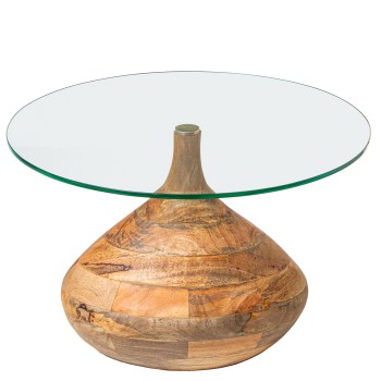 Table D´appoint En Verre Avec Base En Bois De Manguier Ø57x39cm, Épaisseur Du Verre: 8mm