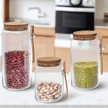 Bote Cristal Borosilicato 700ml Tapon Corcho+cuchara Madera 10x14cm 700ml