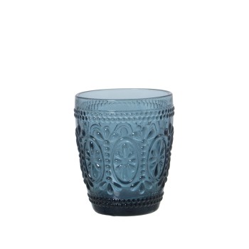 Vaso Bajo Cristal Azul 270ml Deco. Flor Ø8x10cm, Apto Lavavajillas