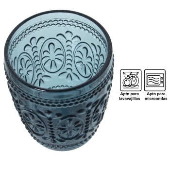 Vaso Bajo Cristal Azul 270ml Deco. Flor Ø8x10cm, Apto Lavavajillas