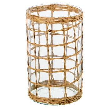 Portacandele In Vetro Con Vimini Ø13x20cm