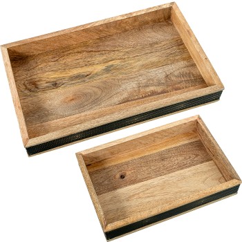 Set 2 Bandejas Madera/metal Negro Rectangulares Decorativas 38x23x5+30x20x5cm