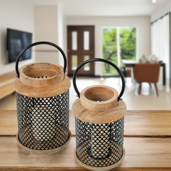 Farol Portavelas 24cm Madera/metal Negro Ø16x24cm