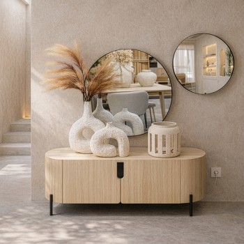 Tavolino Tv In Legno Naturale Con Gambe In Metallo Nero 120x40x45cm